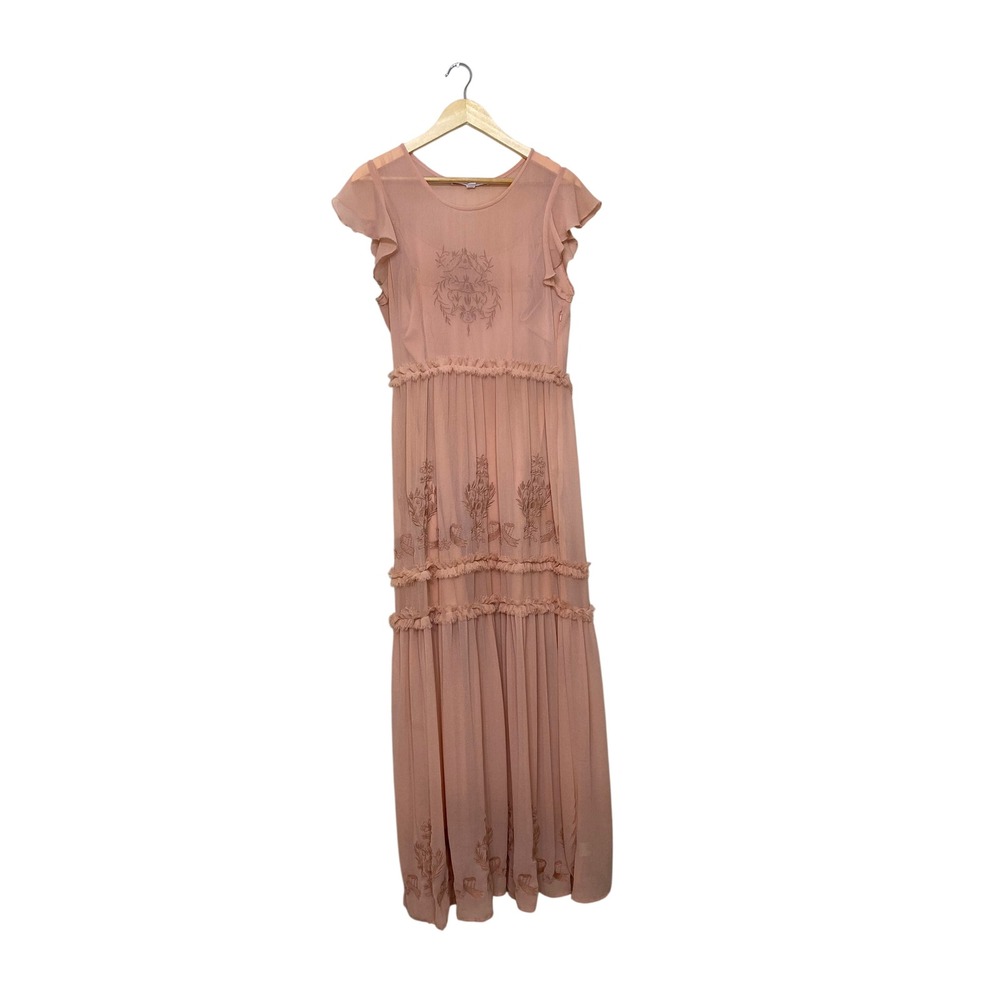 Chelsea & Violet Womens Pink Embroidered Tiered Maxi Dress Flutter Sleeve Medium
